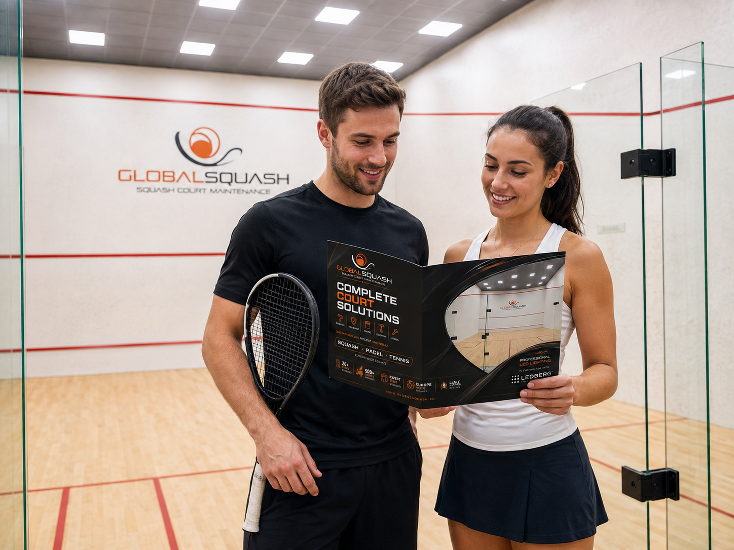 Two squash players reviewing a Global Squash brochure on a brightly lit court